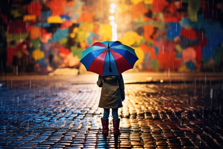 Child holding a colorful umbrella in the rain on a city street. Childhood and weather concept. Outdoor photography with selective focus.の素材