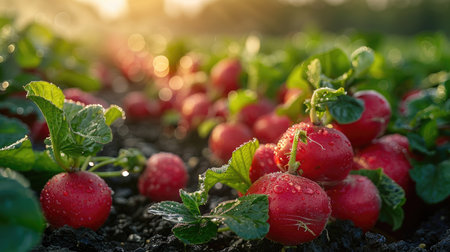 Fresh radishes growing in soil with morning dew and sunlight. Organic farming and healthy food concept for design and printの素材