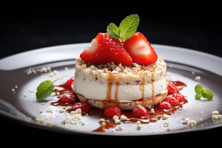 Cottage cheese cream on a shortbread base is complemented by strawberries, delicate confit and sesame seeds. The final and perhaps most important touch is chiliの素材