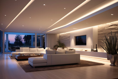 Contemporary living room with ambient lighting and city skyline view. Elegant interior design concept.の素材