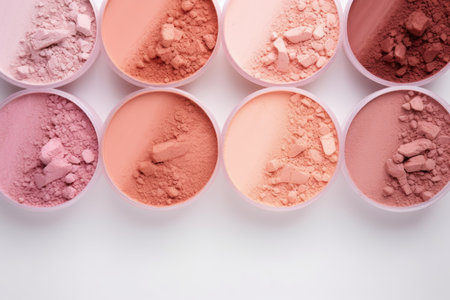 Samples of cosmetic powder in round cells on a white backgroundの素材