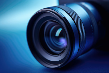 Close-up of a camera lens with a blue tint highlighting its intricate detailsの素材