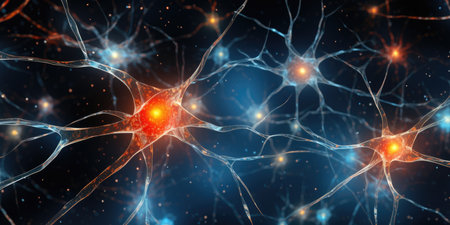 A detailed digital illustration of neural synapses in vibrant colors highlighting neural activityの素材