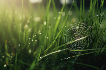 Morning dew adorns a delicate spider web among vibrant green grassの素材