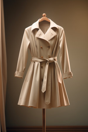 A classic beige trench coat elegantly displayed on a wooden mannequinの素材