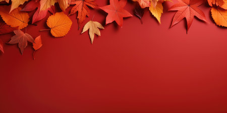 Autumn leaves border on red background. Top view composition with copy space. Fall season and harvest festival concept for banner, poster, invitationの素材