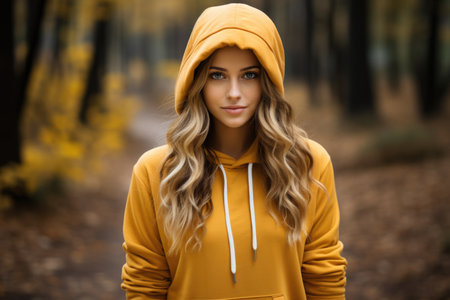 Serene young woman in a hoodie immersed in the beauty of autumn outdoorsの素材