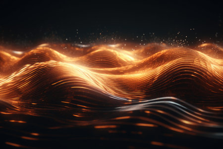 Digital illustration of golden waves with particles, depicting movement and energyの素材