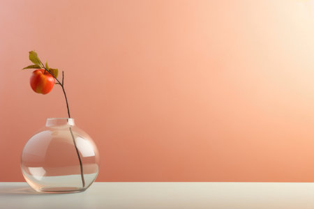 Single apple on branch in clear vase against peach background. Minimalist still life photo with copy space. Modern home decor and simplicity concept for design and printの素材