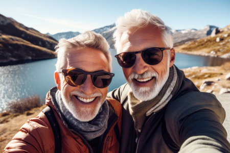 Selfie of two smiling mature men with sunglasses in a mountain landscape. Travel and friendship concept. Design for lifestyle, adventure, and exploration themesの素材