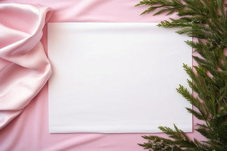 A mock-up of a white square card with a string next to a pine branch on a pink backgroundの素材