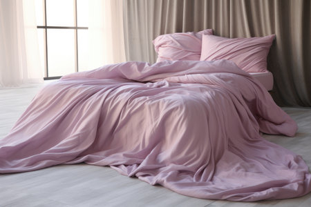 Stylish bedroom with pink bedding creating a romantic and cozy interior ambianceの素材