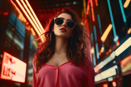 Stylish woman in vibrant sunglasses with neon city lights reflecting a night vibeの素材