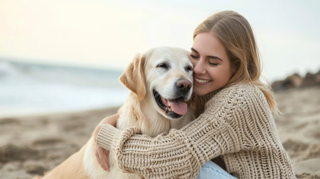 A young woman in a sweater hugs a golden retriever dog sitting on the sand near the seaの素材