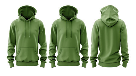 Plain green hoodie presented in front, back, and side viewsの素材