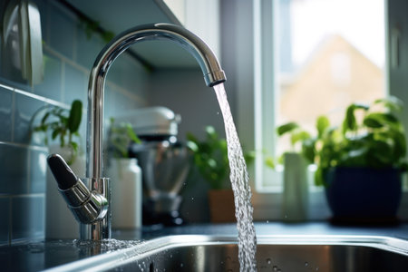 Water is pouring from the tap in the kitchen in the bathroom problems of lack of clean waterの素材