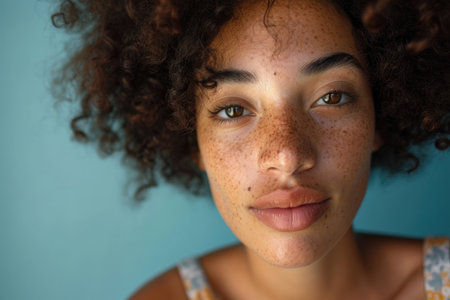 Natural beauty portrait showing freckles of a young woman with curly hairの素材