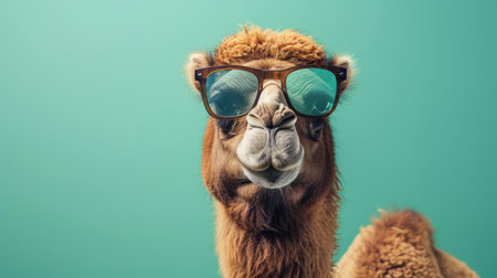 Quirky Camel Wearing Sunglasses Against a Turquoise Backgroundの素材