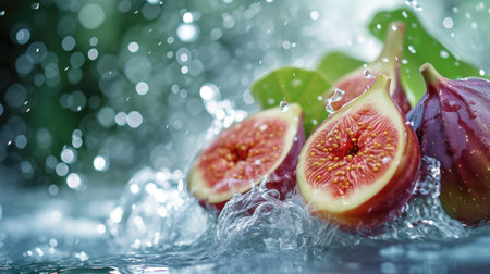 Halved figs splashed by invigorating water, highlighting freshness and detailの素材