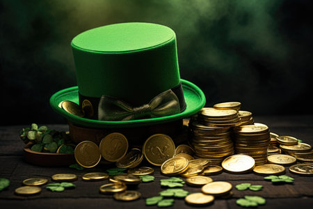 Shiny green hat, gold coins and clover leaves. St. Patrick's day concept. Green Leprechaun Hat with Gold Coins and Shamrocks on Wooden Surfaceの素材