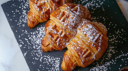 Fresh croissants with powdered sugar on a slate board. French bakery conceptの素材