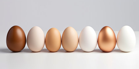 Chicken eggs of different colors isolated on a white backgroundの素材