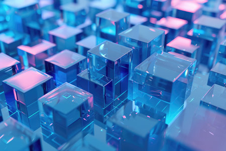 Shiny cubes with iridescent surfaces and a reflective abstract backgroundの素材