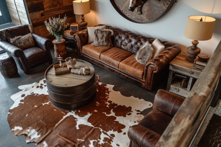 Rustic interior design of living room with leather furniture and cowhide rug. Warm and cozy home decor concept for design and printの素材