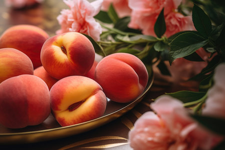 Fresh peaches in a plate on the tableの素材