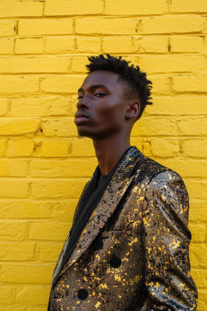 Stylish man in glittery suit against vibrant yellow wall. Urban chic fashion portraitの素材