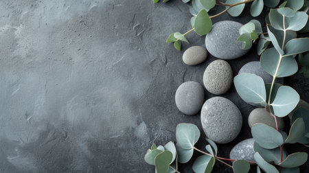 Spa concept with eucalyptus and smooth stones on textured backgroundの素材