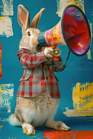 Rabbit with megaphone wearing plaid jacket on a colorful paint-splattered background. Concept for loud announcement and attention-grabbing advertising, with copy space for design and printの素材