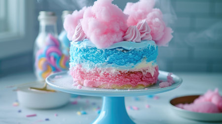 Pastel-colored cake with cotton candy topping on a blue standの素材
