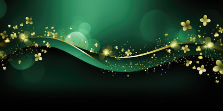 Golden clovers and waves on green background. Abstract design for Saint Patrick's Day banner, card, or invitation. Festive backdrop with copy spaceの素材