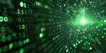 Digital binary code with a green glow. Cybersecurity and information technology concept ideal for backgrounds, web design, and technology-themed postersの素材