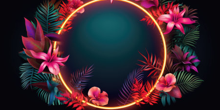 Neon light circle with tropical leaves and flowers on a dark background. Studio shot with design space. Nightlife and tropical concept for banner, wallpaper, and posterの素材