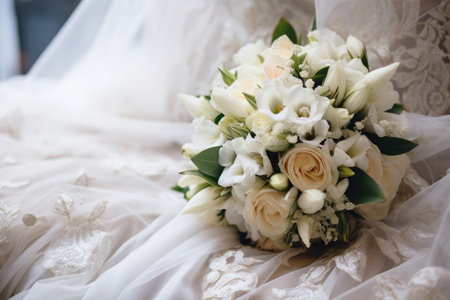 The bride's wedding bouquet lies on a white lace dressの素材
