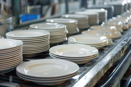 Manufacturing ceramic plates in production. Conveyor belt with stacked ceramic plates in pottery factory. Automated manufacturing processの素材
