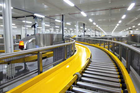 Conveyor belt system in motion in a distribution warehouse. Industrial interior shot with bright lightingの素材