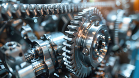 Close-up of metal gears and cogs in machinery. High-precision mechanical engineering concept. Design for poster, technical backgroundの素材