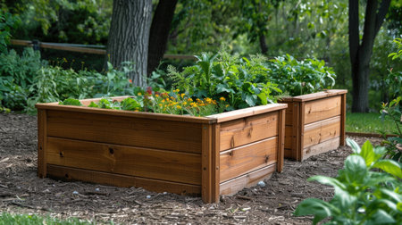 Sunlit Raised Vegetable Garden Beds in a Vibrant Backyard Settingの素材