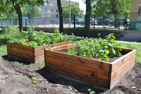 Raised Wooden Garden Beds with Lush Greenery in Suburban Backyardの素材