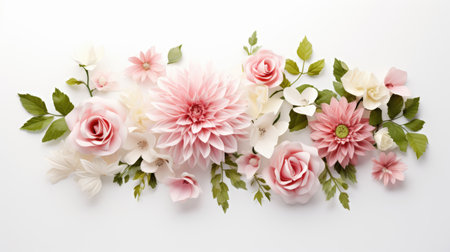 Paper art composition of multicolored 3D flowers and leaves on a white background. Creative floral design for wall decoration, invitations, and greeting cardsの素材