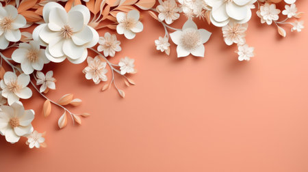 Paper art floral design with red and peach flowers on soft pink background. Creative decoration and springtime concept for greeting card, invitation, poster.の素材