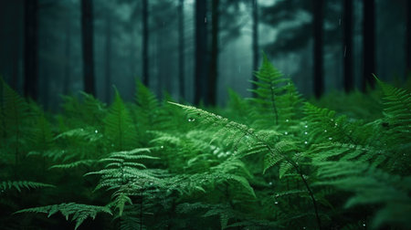 Raindrops on Ferns in Lush Green Forest, Serene Nature Backdropの素材