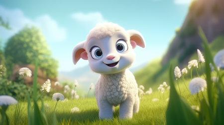 Animated cute smiling lamb on a grassy field with a bright sky background. Children's animation and spring concept for design and print. 3D rendering with place for textの素材