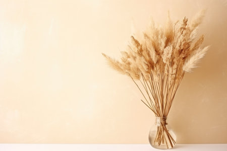 Bouquet of dry wheat and grasses in a vase with warm light and shadows. Home decor and natural texture concept. Still life photography with copy spaceの素材