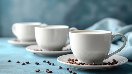 White coffee cups with saucers and coffee beans on a blue textured background. Modern beverage presentation with copy space for design and printの素材