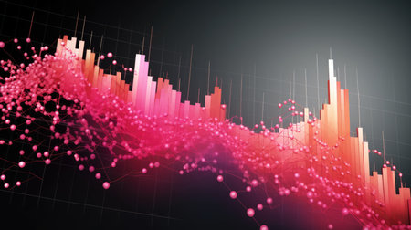 Abstract financial growth concept with upward graphs and bar charts on a digital interface. Pink and blue data analysis visualization for finance and business conceptの素材