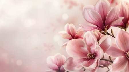 Pink magnolia flowers on soft bokeh background. Floral design wallpaper with copy space. Springtime celebration concept for greeting cardの素材